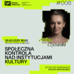 Szara grafika z zielonymi elementami. W prawej części portret Aliny Czyżewskiej. Na grafice napisy informujące o dacie, miejscu i temacie spotkania.