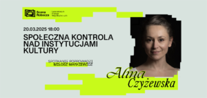 Szara grafika z zielonymi elementami. W prawej części portret Aliny Czyżewskiej. Na grafice napisy informujące o dacie, miejscu i temacie spotkania.