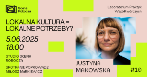 Na łososiową grafikę ozdobioną limonkowymi prostokątami naniesiono portret Justyny Makowskiej oraz czarne napisy z informacjami o tytule, dacie, godzinie i miejscu spotkania.